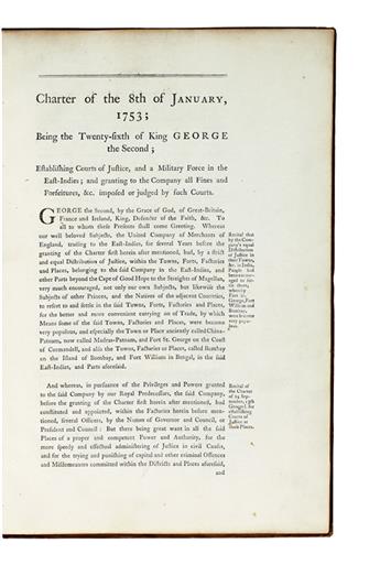 TRAVEL  (EAST INDIA COMPANY.)  Charter of the 8th of January, 1753 [etc.].  [1758-72?]  In contemporary binding with Company arms.